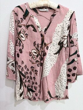 Masai Pink Abstract Floral & Polka Dot V-Nk Lagenlook Aesthetic Blouse Small